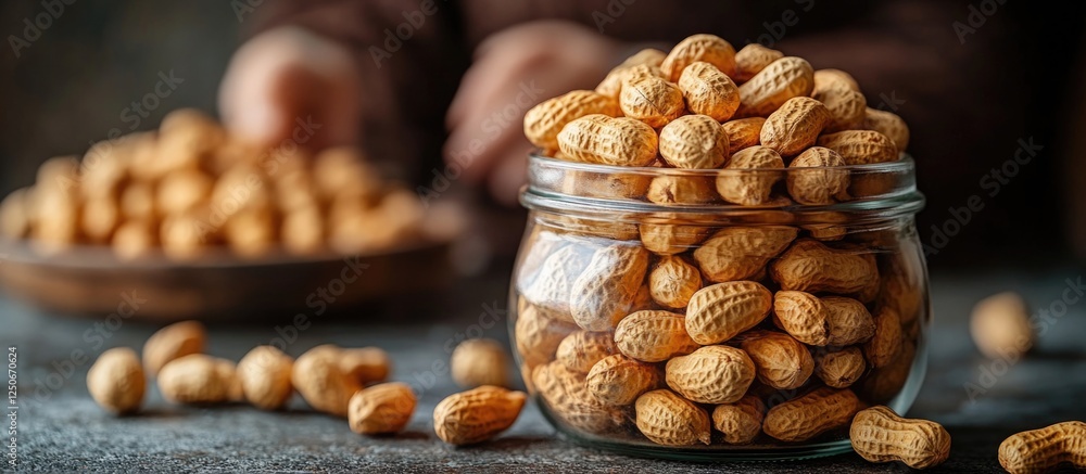 Poster heap of peanuts in a jar with selective focus showcasing a rustic setting and empty space for text o