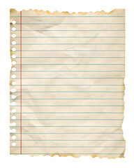 Torn Vintage Lined Notebook Paper with Distressed Edges - Isolated on Transparent Background.