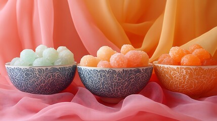 Traditional confections in artistic bowls with colorful fabric draped behind