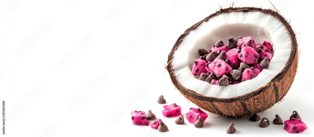 Poster half coconut filled with chocolate chips and dried pitaya isolated on white background with space fo