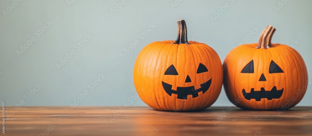 Poster halloween background featuring jack-o'-lanterns with copy space for text in a festive autumn setting