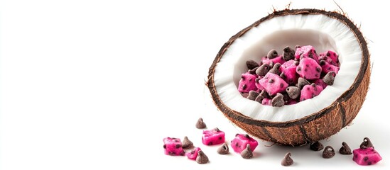 Half Coconut Filled with Chocolate Chips and Dried Pitaya Isolated on White Background with Space for Text or Branding