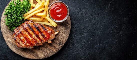 Grilled spare ribs served with French fries fresh greens and ketchup on a wooden platter with ample space for text or advertising copy