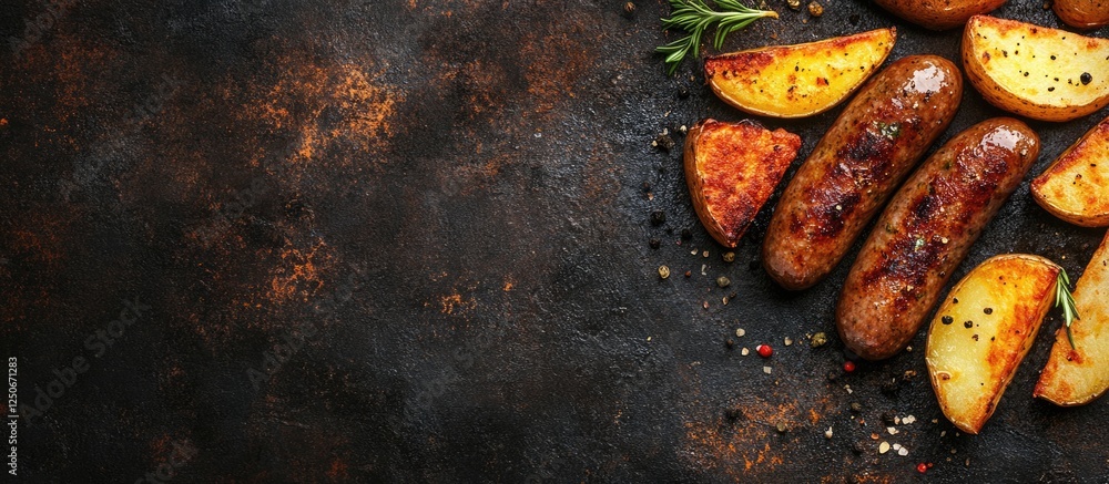 Poster grilled sausages with herb seasoned potato wedges and empty space for custom text or branding