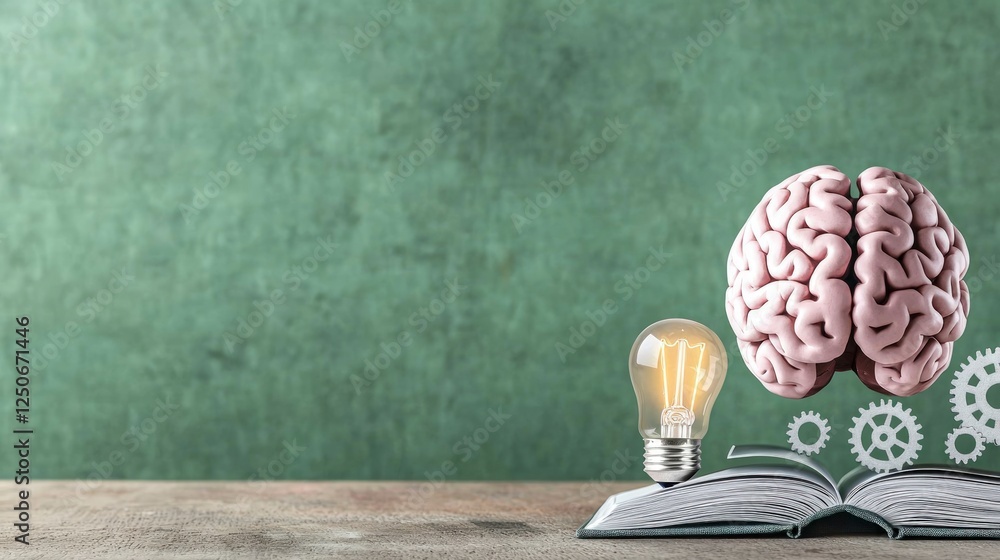 Poster pink brain model with glowing lightbulb and gears on open book against green background