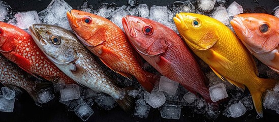 Freshly caught grouper and coral fish displayed on ice showcasing vibrant red and brown colors in a seafood market setting