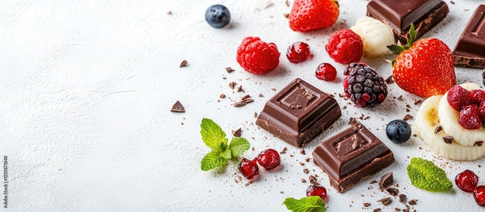 Poster fresh fruit and chocolate summer dessert with a colorful assortment and ample copy space for your te