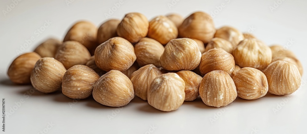 Poster half sliced hazelnuts arranged on a white background showcasing their texture and color in a macro p