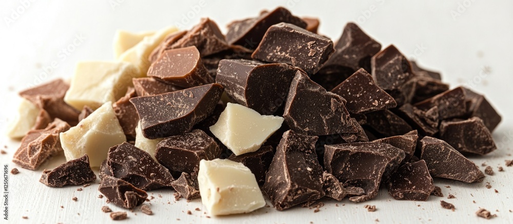 Poster assorted chocolate fragments in various colors stacked on a white surface creating an inviting desse