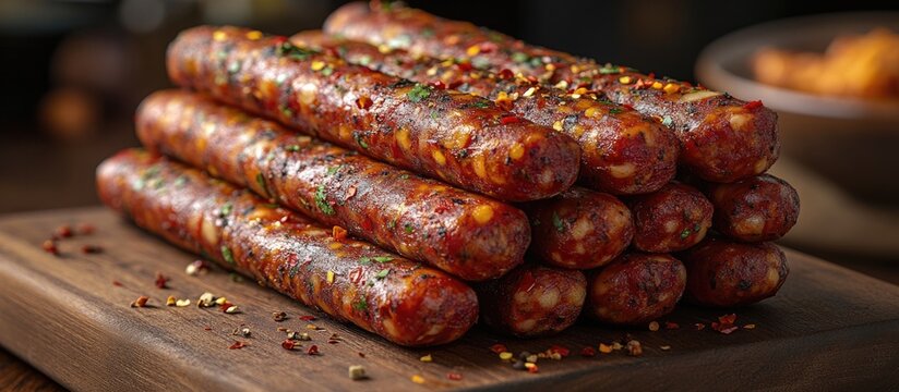 Stack of Spanish fuet sausages dusted with spices on a wooden board showcasing meat products and culinary textures in a rustic setting