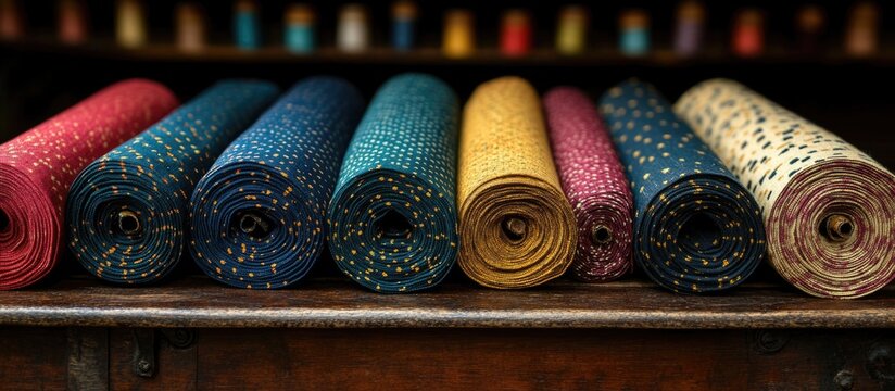 Colorful Rolls of Indian Cotton Fabric for Unstitched Shirt and Trouser Combinations Displayed in a Tailor Shop Setting