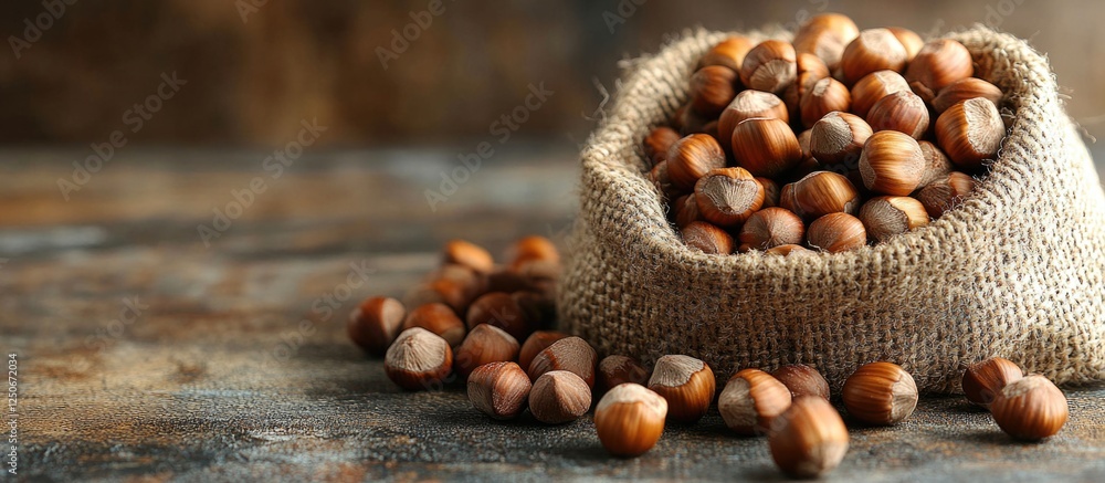Poster hazelnut kernels and whole hazelnuts in burlap sack on rustic wooden table with selective focus and 
