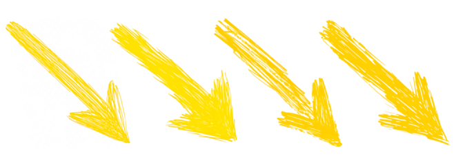 Yellow hand drawn arrows pointing down. Set of three.