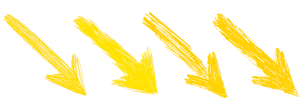 Yellow hand drawn arrows pointing down. Set of three.