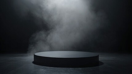 White smoke swirling on a black background in a dark room with fog and volumetric light from above, creating an abstract and atmospheric backdrop for product presentation. 