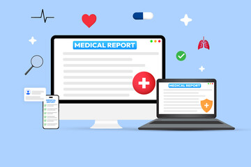 Medical and health report online and digital concept with Smartphone, Laptop and computer Screen. Medical report, health, heart, appointment,