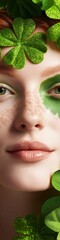 Fototapeta premium Vibrant St. Patricks Day Aesthetic Glamorous Redhead with Shamrock Face Paint and Glitter - Festive Parade Styling for Spring Marketing and Event Promotion