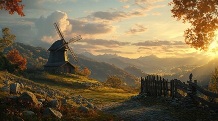 Autumnal windmill sunset, mountain valley, idyllic scene