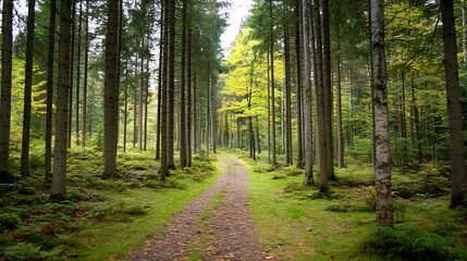 Obraz premium Tranquil forest path surrounded by tall trees and vibrant green foliage inviting exploration and serenity in nature : Generative AI