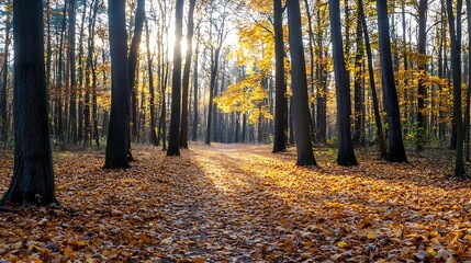 Obraz premium Golden autumn leaves blanketing a sunlit forest path inviting exploration and discovery : Generative AI