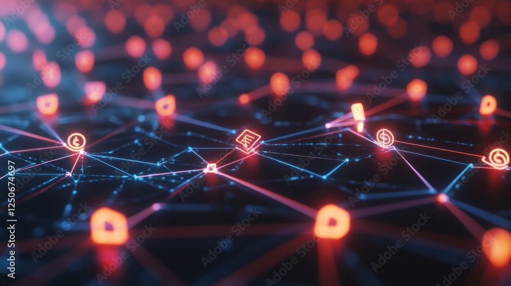 Poster abstract network connection with glowing symbols and data nodes