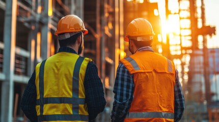 Obraz premium Construction workers discuss project details at sunset