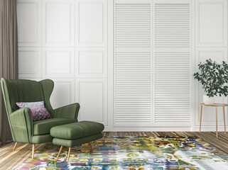 Green armchair and ottoman with colorful rug in minimalist living room