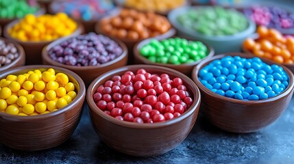 Artistic bowls filled with assorted colorful sweets on a marble surface
