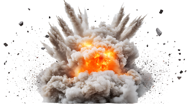 Powerful explosion with smoke and debris.
