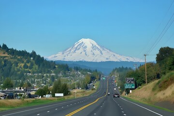 Naklejka premium Highway road trip, Mount Rainier view, suburban background