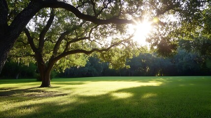 Golden Sunlight Filtering Through a Sprawling Tree in a Serene Green Park : Generative AI