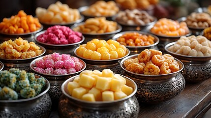 A variety of traditional sweets in artistically designed metal bowls with warm lighting