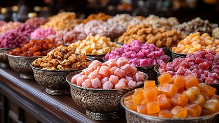 A variety of traditional sweets in artistically designed metal bowls with warm lighting