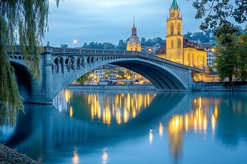 Swiss city bridge twilight reflection, church background