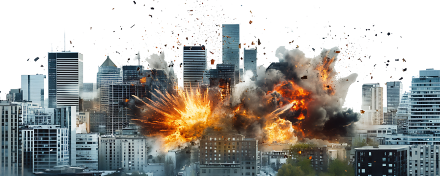 City explosion, disaster, destruction, chaos, war, catastrophe.