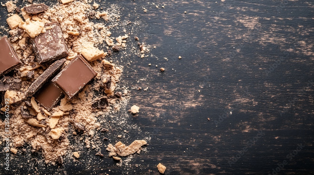 Poster Crushed chocolate on a rustic wooden surface ideal for baking and culinary presentations : Generative AI