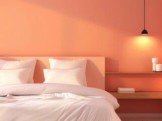 A minimalist bedroom with a peach wall. a white bed. and a wooden shelf with decor
