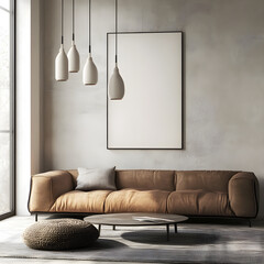 An empty white poster frame on the wall of the living room, with a sofa and coffee table nearby. The space has a soft light, a beige color scheme, and a modern, Scandinavian-inspired interior 