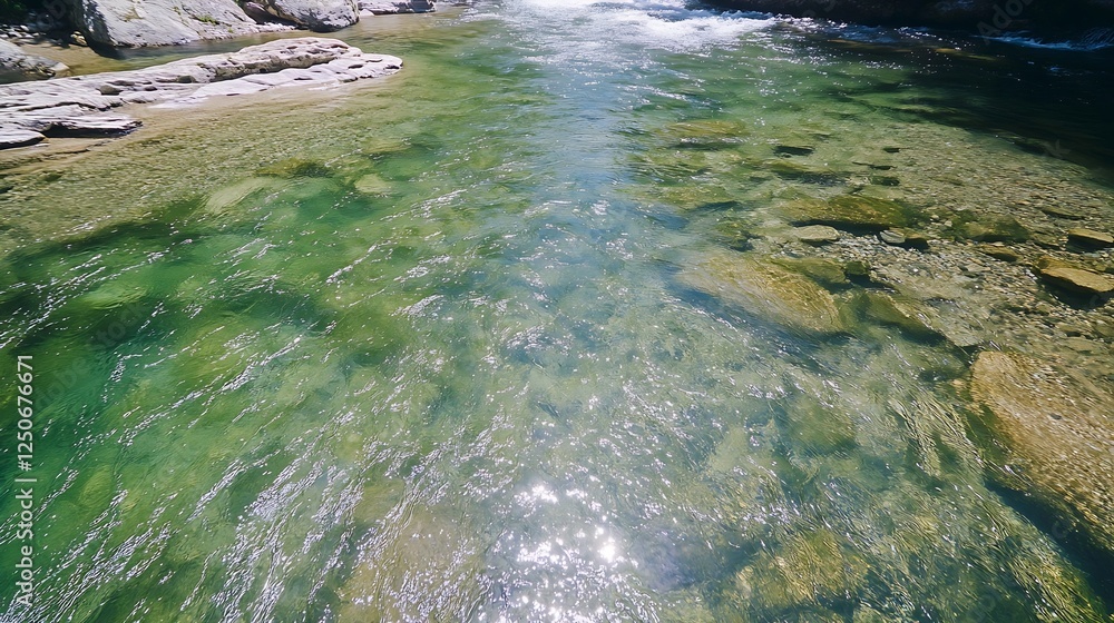 Poster crystal clear mountain stream flowing gently over rocks with sunlight sparkling on the surface : gen
