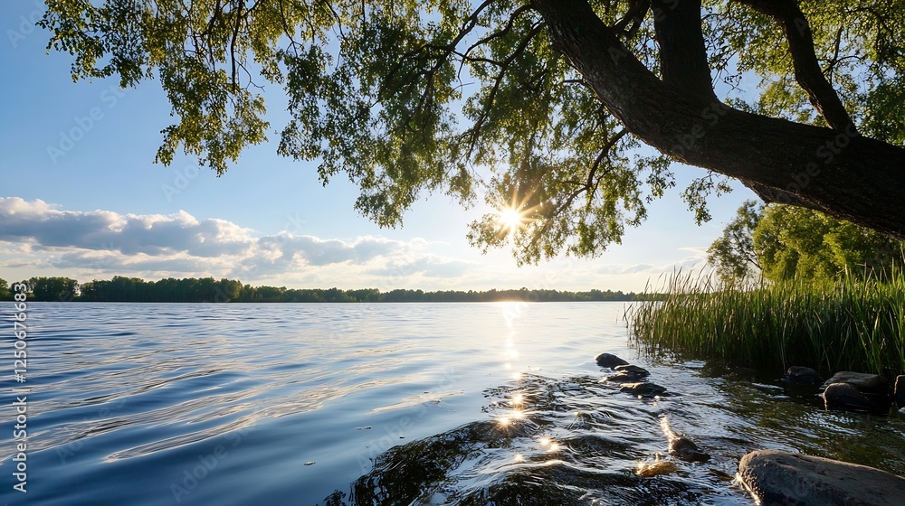Poster tranquil lakeside scene bathed in sunlight with lush trees reflecting on the calm water surface : ge
