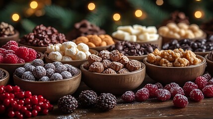 Sweet delicacies in detailed bowls arranged on a wooden table with festive lights