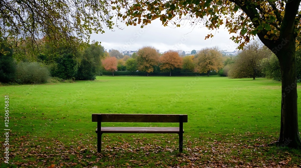 Poster isolated park bench in a serene green landscape surrounded by colorful autumn trees : generative ai