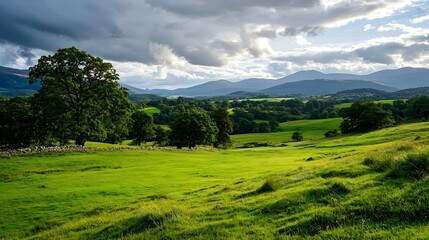 Breathtaking Scenic View of Lush Green Fields and Majestic Mountains Under Cloudy Sky : Generative AI
