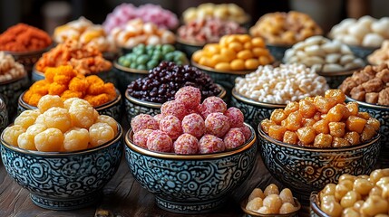 A spread of colorful festival sweets in decorative bowls with golden accents