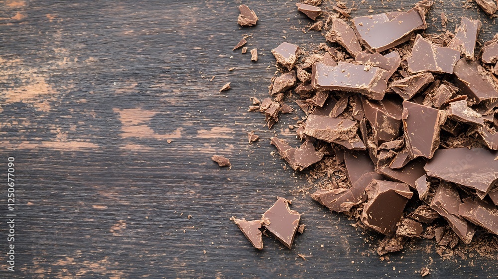 Poster delicious chunks of dark chocolate scattered on rustic wooden surface highlighting gourmet indulgenc