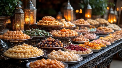 Fototapeta premium A mix of sweet delights in ornate dishes with softly glowing lanterns in the background