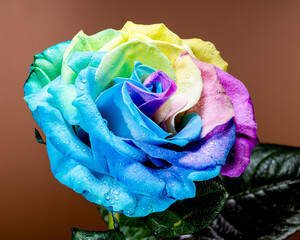 Vibrant Rainbow Rose on brown background