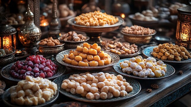 A mix of sweet delights in ornate dishes with softly glowing lanterns in the background