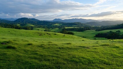 Obraz premium Vibrant Green Rolling Hills Under a Beautiful Sky at Evening Light : Generative AI