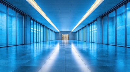 Empty blue hallway with glass walls, corridor in modern building